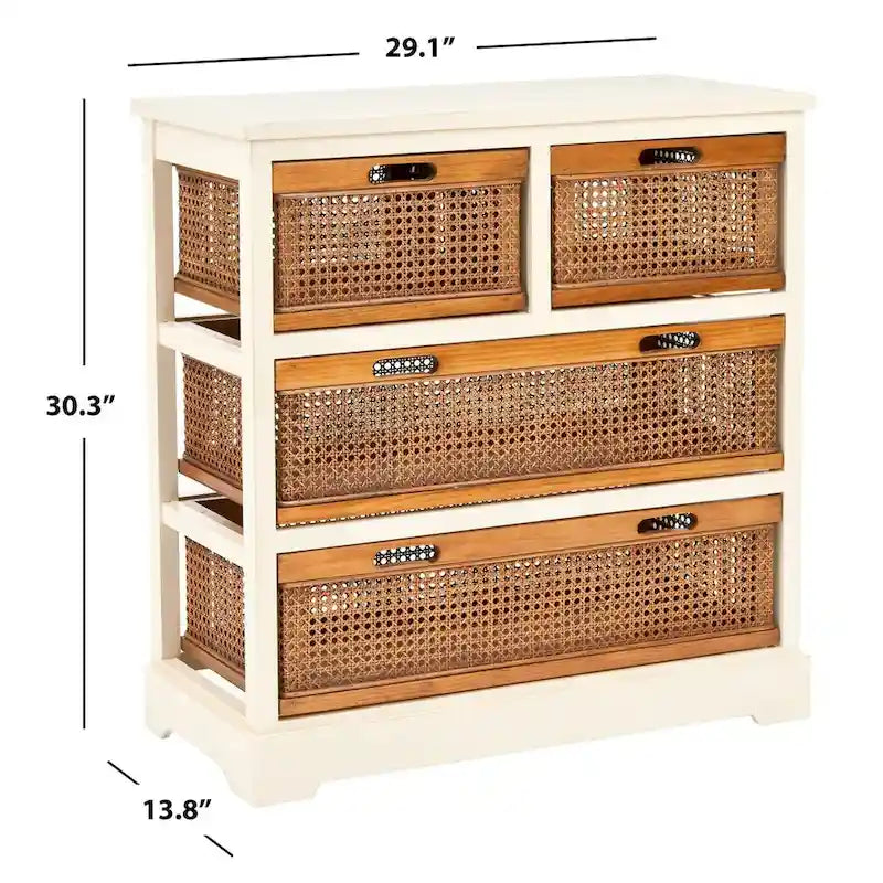 Commode de rangement à 4 tiroirs en gris quartz / orge / noir antique avec paniers en rotin et cadre en pin