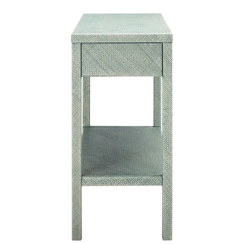 Console Turquoise hachurée avec 2 tiroirs, 1 étagère et poignées demi-lune couleur or antique