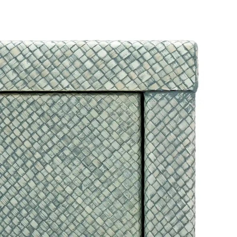 Console Turquoise hachurée avec 2 tiroirs, 1 étagère et poignées demi-lune couleur or antique