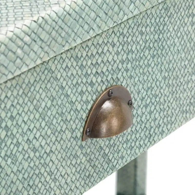 Console Turquoise hachurée avec 2 tiroirs, 1 étagère et poignées demi-lune couleur or antique