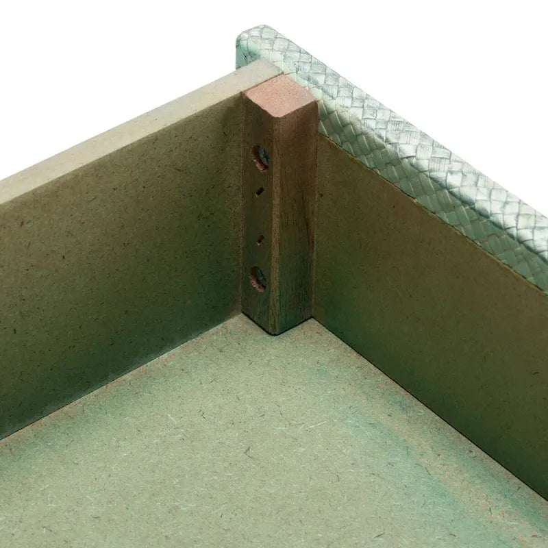 Console Turquoise hachurée avec 2 tiroirs, 1 étagère et poignées demi-lune couleur or antique