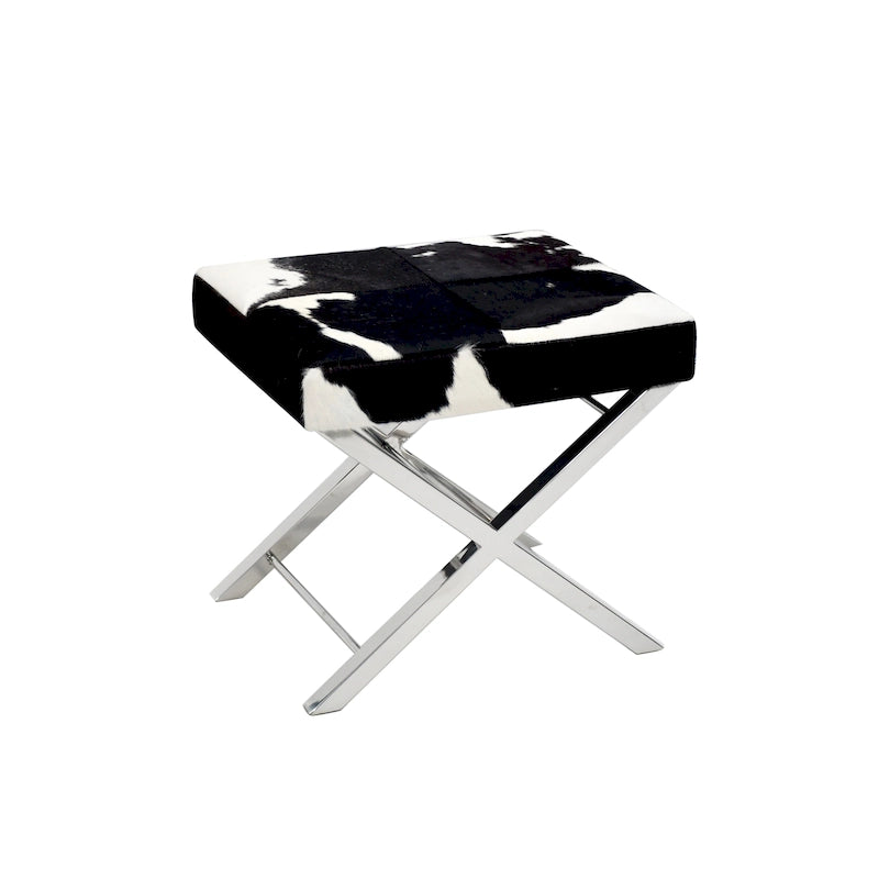 Ottoman en peau de vache noire et blanche à poils ras avec cadre en acier inoxydable chromé, 1-2 places