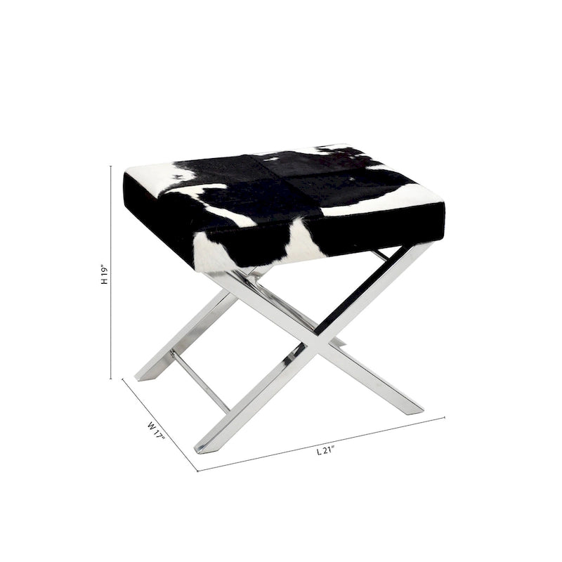 Ottoman en peau de vache noire et blanche à poils ras avec cadre en acier inoxydable chromé, 1-2 places