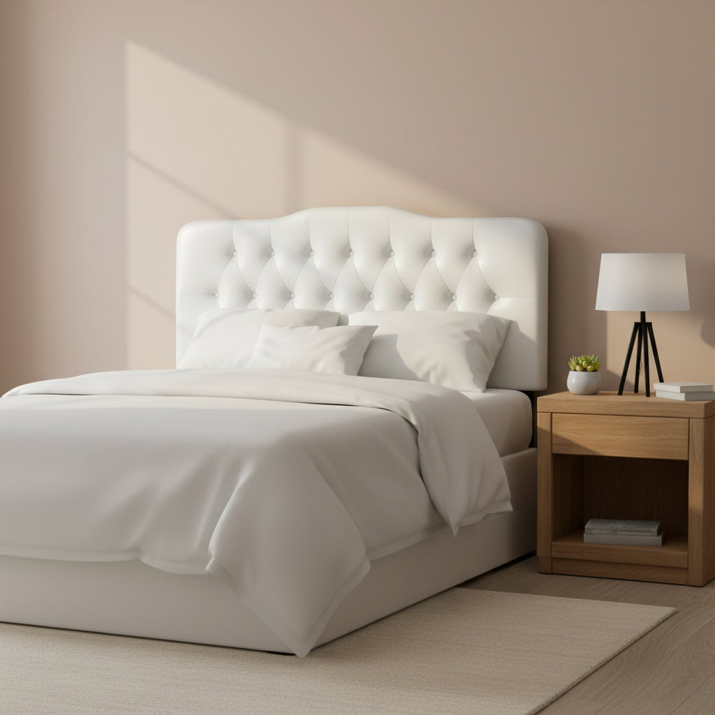 Tête de lit en vinyle PU blanc/noir pleine taille avec surpiqûres en losange et capitonnage à boutons