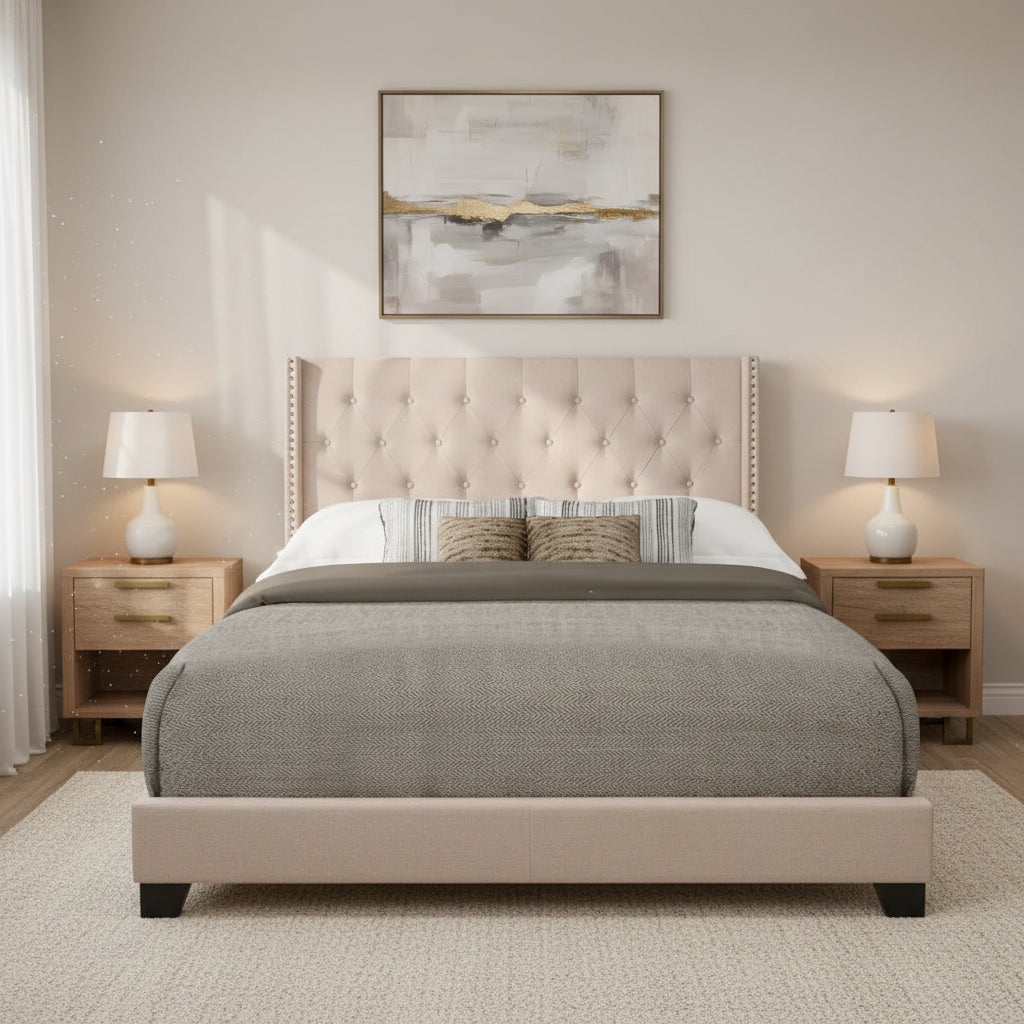 Morgan Beige Fabric Upholstered Tufted Bed