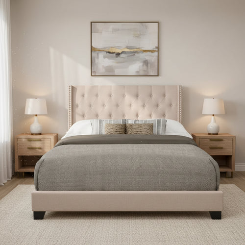 Morgan Beige Fabric Upholstered Tufted Bed
