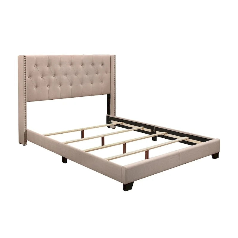 Cadre de lit capitonné en tissu beige, disponible en grand lit / très grand lit / très grand lit California, pour 1 ou 2 personnes