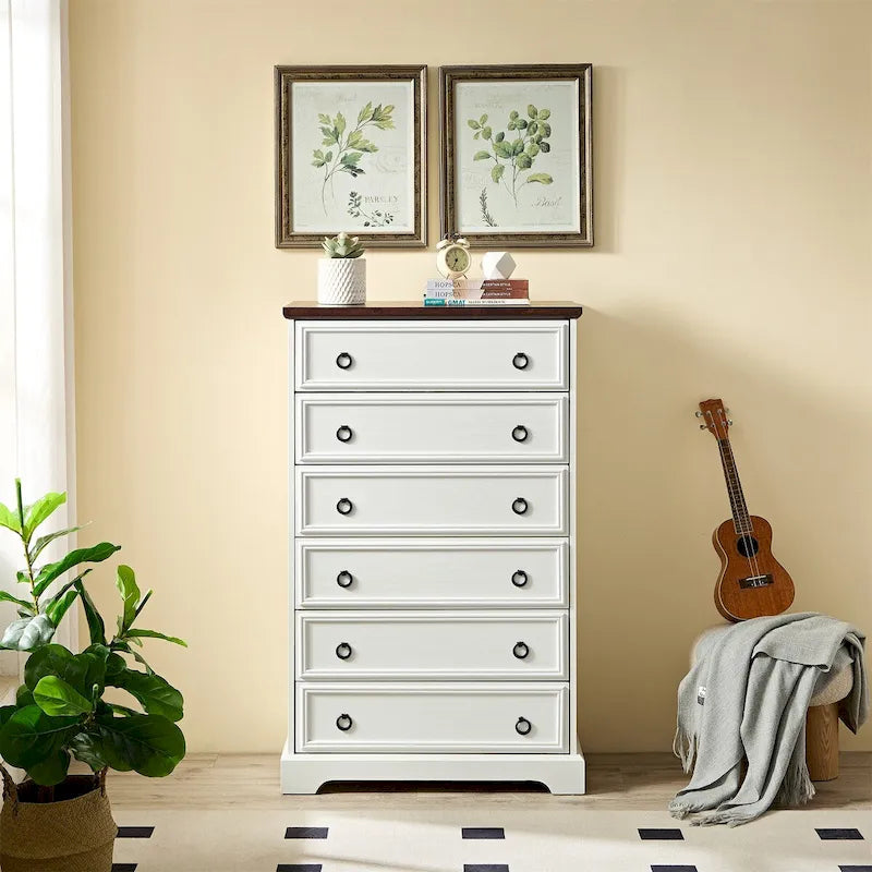 Commode blanche / naturelle à 6 tiroirs en panneaux de particules avec glissières larges et dispositif anti-basculement