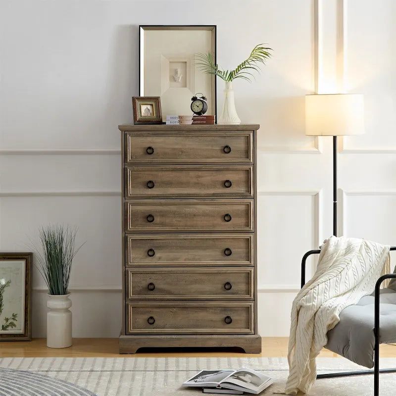 Commode blanche / naturelle à 6 tiroirs en panneaux de particules avec glissières larges et dispositif anti-basculement