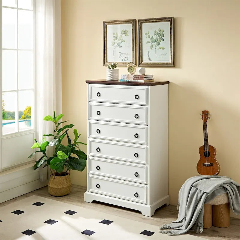 Commode blanche / naturelle à 6 tiroirs en panneaux de particules avec glissières larges et dispositif anti-basculement