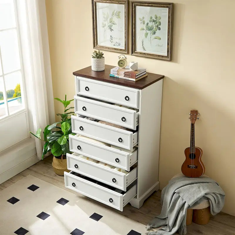 Commode blanche / naturelle à 6 tiroirs en panneaux de particules avec glissières larges et dispositif anti-basculement