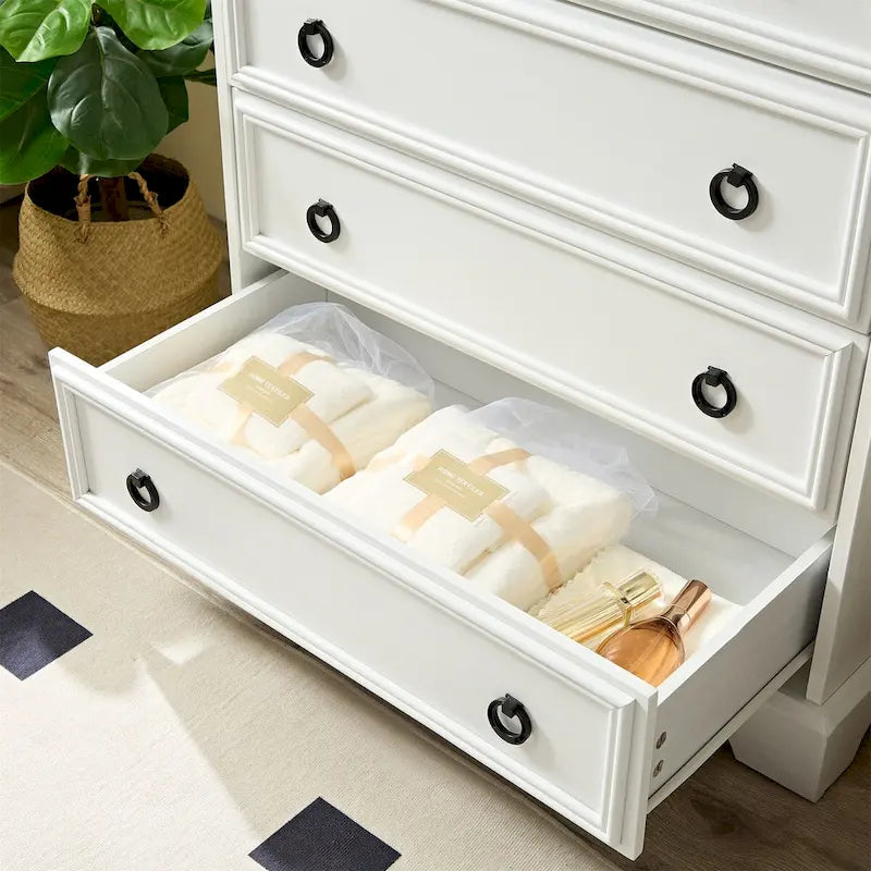 Commode blanche / naturelle à 6 tiroirs en panneaux de particules avec glissières larges et dispositif anti-basculement