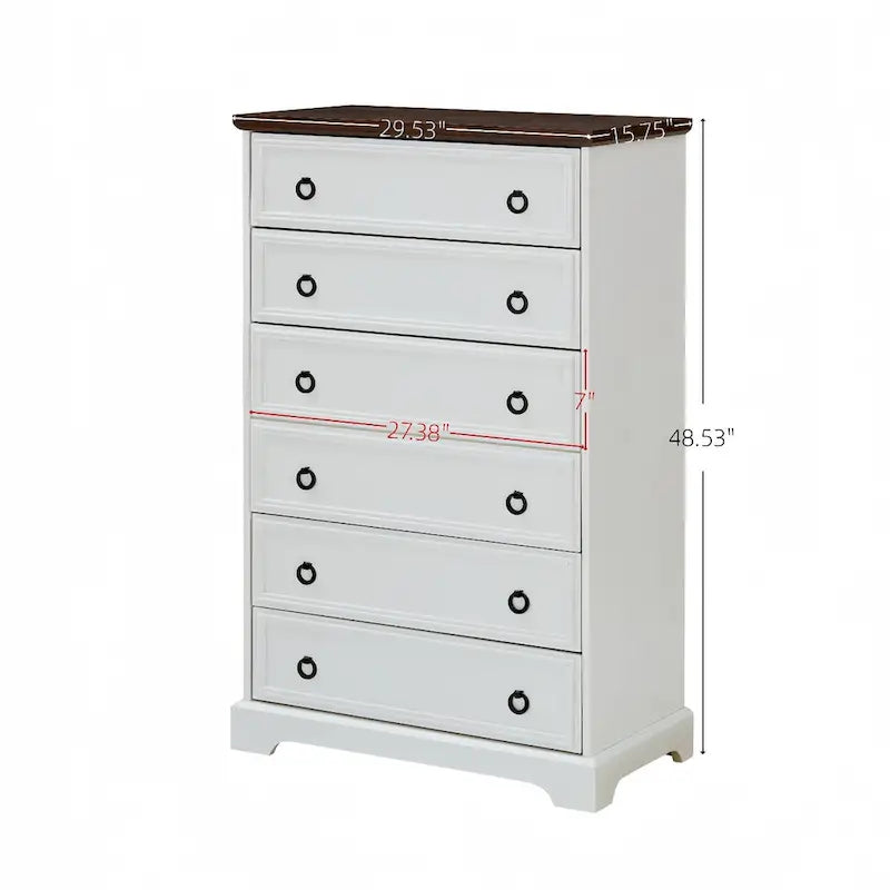 Commode blanche / naturelle à 6 tiroirs en panneaux de particules avec glissières larges et dispositif anti-basculement