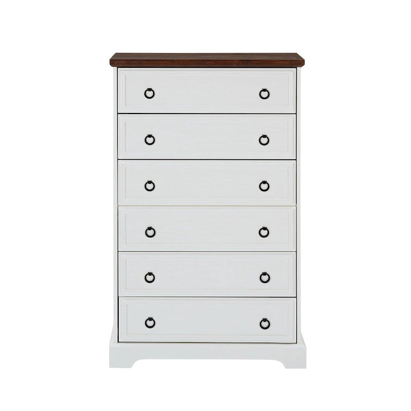 Commode blanche / naturelle à 6 tiroirs en panneaux de particules avec glissières larges et dispositif anti-basculement