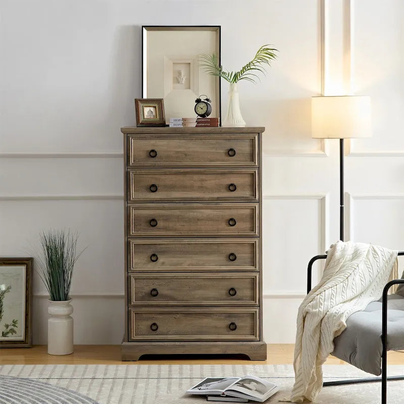 Commode blanche / naturelle à 6 tiroirs en panneaux de particules avec glissières larges et dispositif anti-basculement
