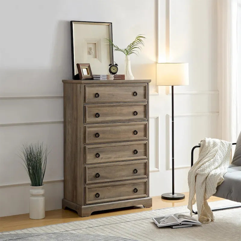 Commode blanche / naturelle à 6 tiroirs en panneaux de particules avec glissières larges et dispositif anti-basculement