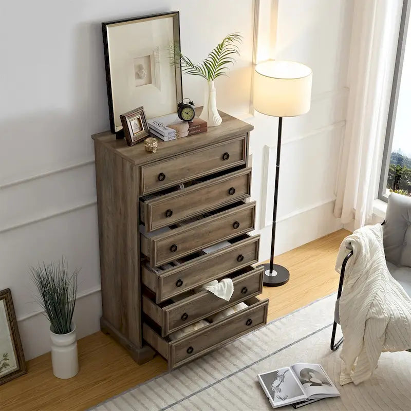 Commode blanche / naturelle à 6 tiroirs en panneaux de particules avec glissières larges et dispositif anti-basculement