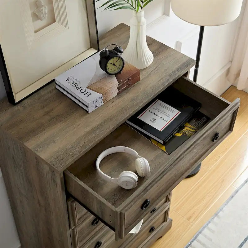 Commode blanche / naturelle à 6 tiroirs en panneaux de particules avec glissières larges et dispositif anti-basculement