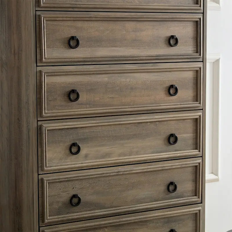 Commode blanche / naturelle à 6 tiroirs en panneaux de particules avec glissières larges et dispositif anti-basculement