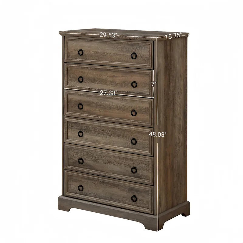 Commode blanche / naturelle à 6 tiroirs en panneaux de particules avec glissières larges et dispositif anti-basculement