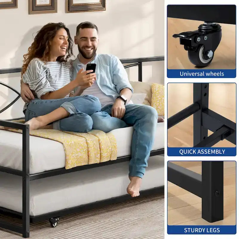 Lit de repos double en métal noir avec lit gigogne escamotable et hauteur réglable, 2 couchages