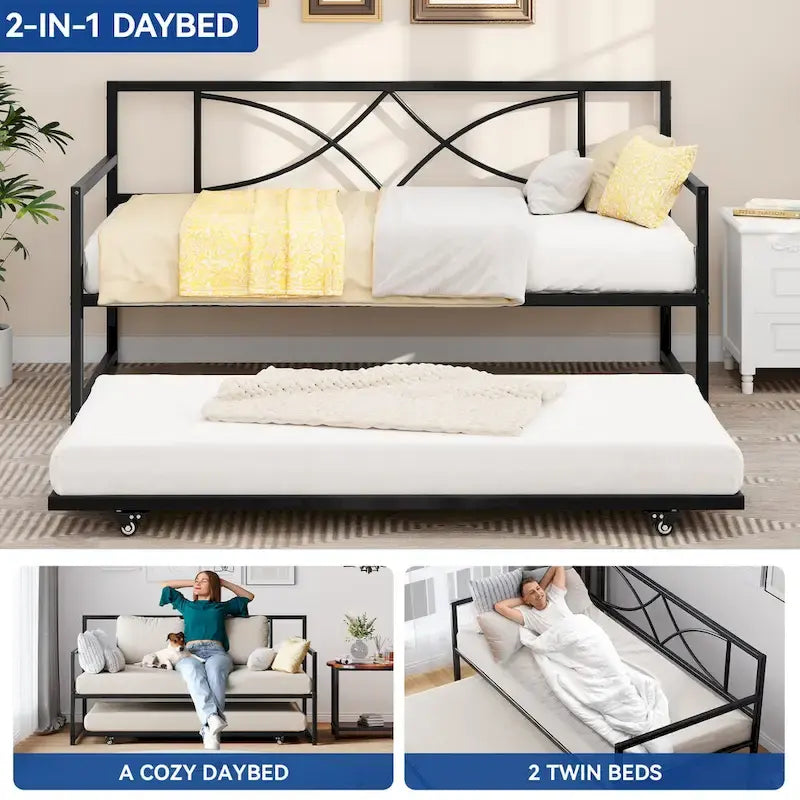 Lit de repos double en métal noir avec lit gigogne escamotable et hauteur réglable, 2 couchages