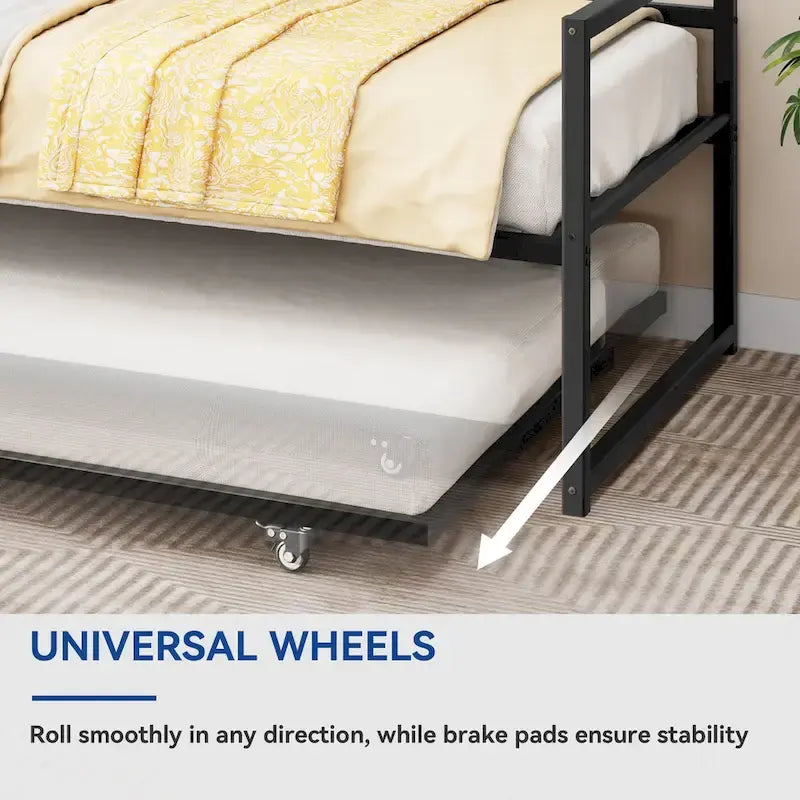 Lit de repos double en métal noir avec lit gigogne escamotable et hauteur réglable, 2 couchages