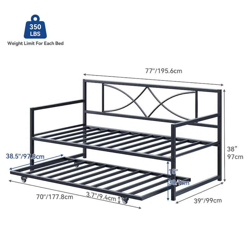 Lit de repos double en métal noir avec lit gigogne escamotable et hauteur réglable, 2 couchages