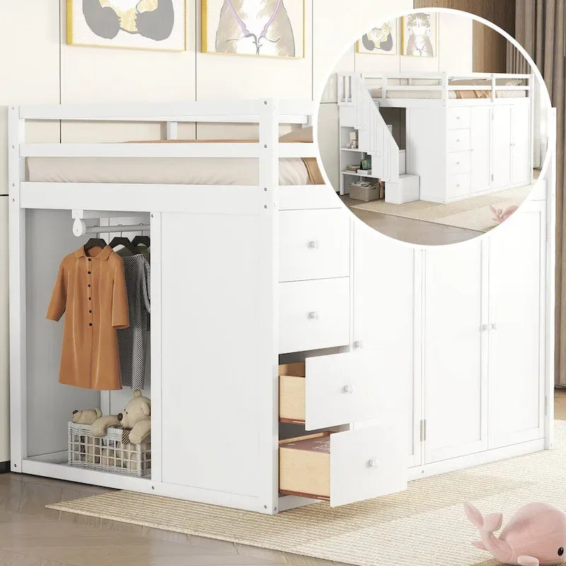 Lit mezzanine double en pin blanc/gris et MDF avec escalier, armoire, 4 tiroirs et rangement à 3 niveaux, pour 1 personne