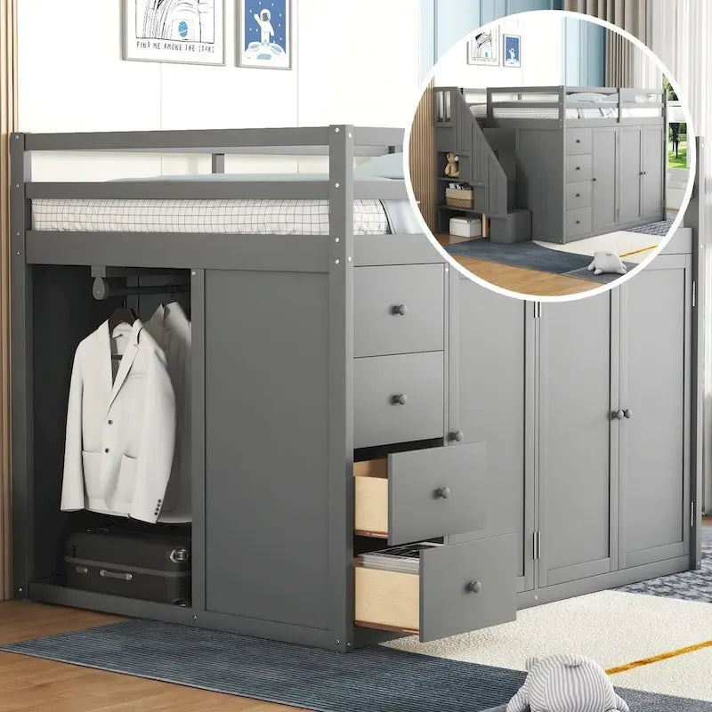 Lit mezzanine double en pin blanc/gris et MDF avec escalier, armoire, 4 tiroirs et rangement à 3 niveaux, pour 1 personne