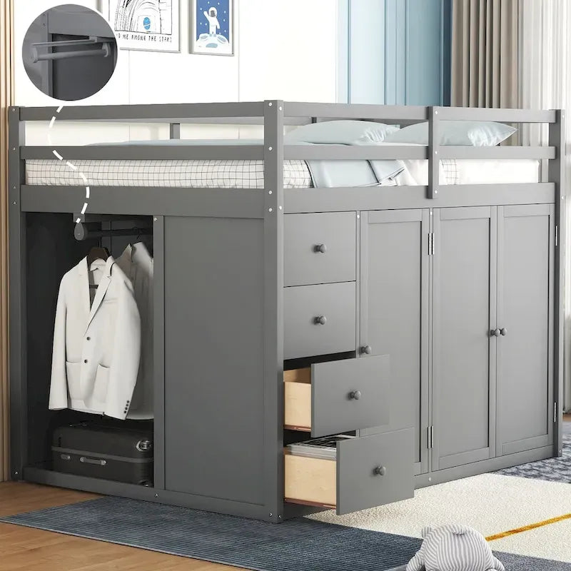 Lit mezzanine double en pin blanc/gris et MDF avec escalier, armoire, 4 tiroirs et rangement à 3 niveaux, pour 1 personne