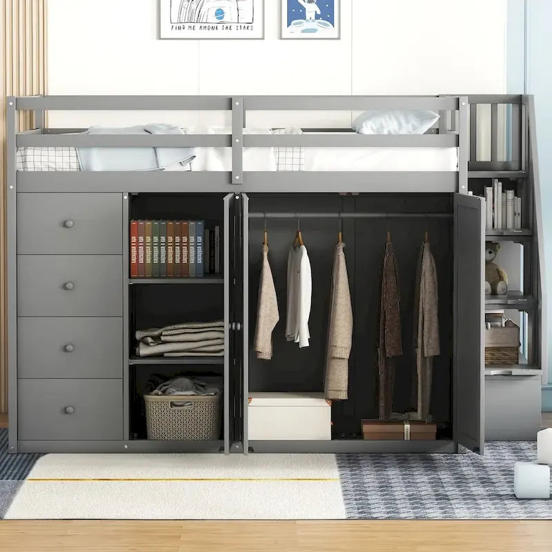 Lit mezzanine double en pin blanc/gris et MDF avec escalier, armoire, 4 tiroirs et rangement à 3 niveaux, pour 1 personne