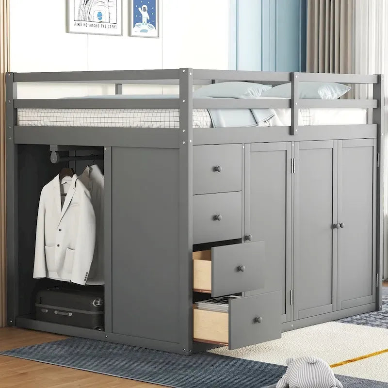 Lit mezzanine double en pin blanc/gris et MDF avec escalier, armoire, 4 tiroirs et rangement à 3 niveaux, pour 1 personne