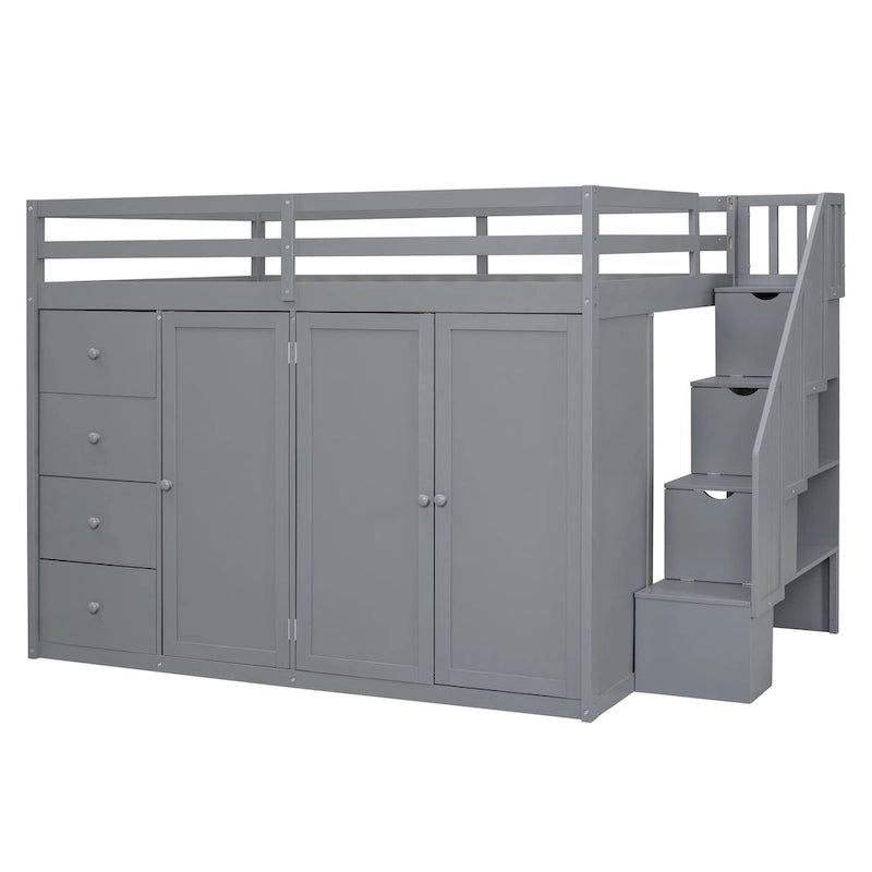 Lit mezzanine double en pin blanc/gris et MDF avec escalier, armoire, 4 tiroirs et rangement à 3 niveaux, pour 1 personne