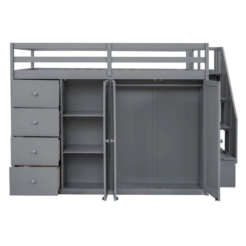 Lit mezzanine double en pin blanc/gris et MDF avec escalier, armoire, 4 tiroirs et rangement à 3 niveaux, pour 1 personne