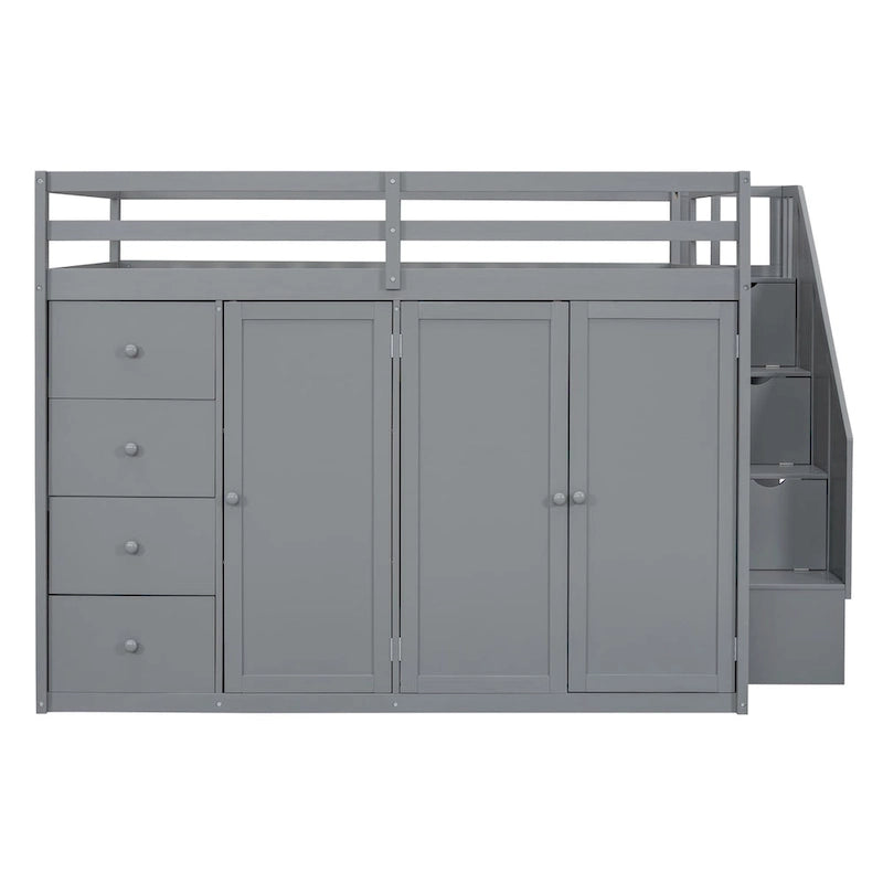 Lit mezzanine double en pin blanc/gris et MDF avec escalier, armoire, 4 tiroirs et rangement à 3 niveaux, pour 1 personne