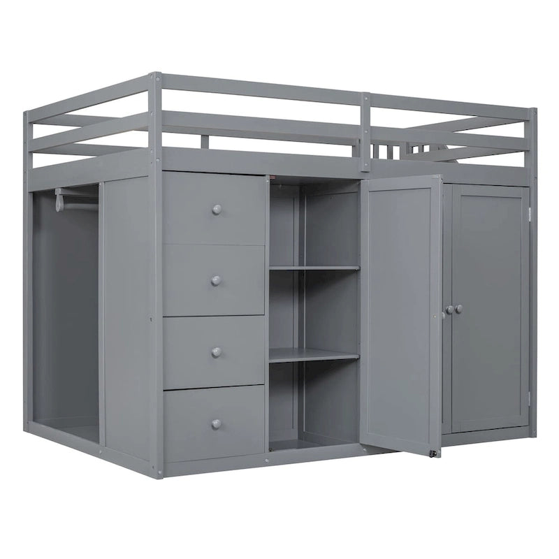 Lit mezzanine double en pin blanc/gris et MDF avec escalier, armoire, 4 tiroirs et rangement à 3 niveaux, pour 1 personne
