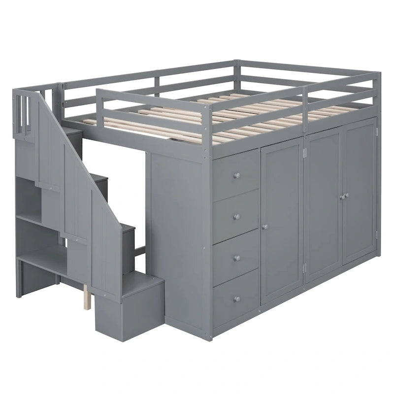 Lit mezzanine double en pin blanc/gris et MDF avec escalier, armoire, 4 tiroirs et rangement à 3 niveaux, pour 1 personne