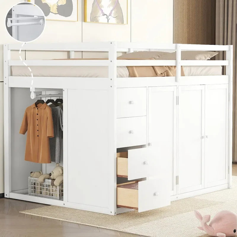 Lit mezzanine double en pin blanc/gris et MDF avec escalier, armoire, 4 tiroirs et rangement à 3 niveaux, pour 1 personne