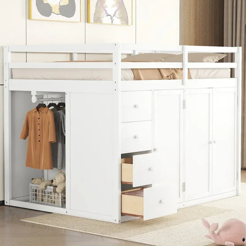 Lit mezzanine double en pin blanc/gris et MDF avec escalier, armoire, 4 tiroirs et rangement à 3 niveaux, pour 1 personne