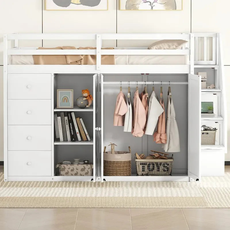 Lit mezzanine double en pin blanc/gris et MDF avec escalier, armoire, 4 tiroirs et rangement à 3 niveaux, pour 1 personne