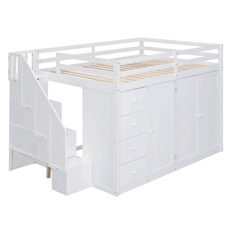 Lit mezzanine double en pin blanc/gris et MDF avec escalier, armoire, 4 tiroirs et rangement à 3 niveaux, pour 1 personne