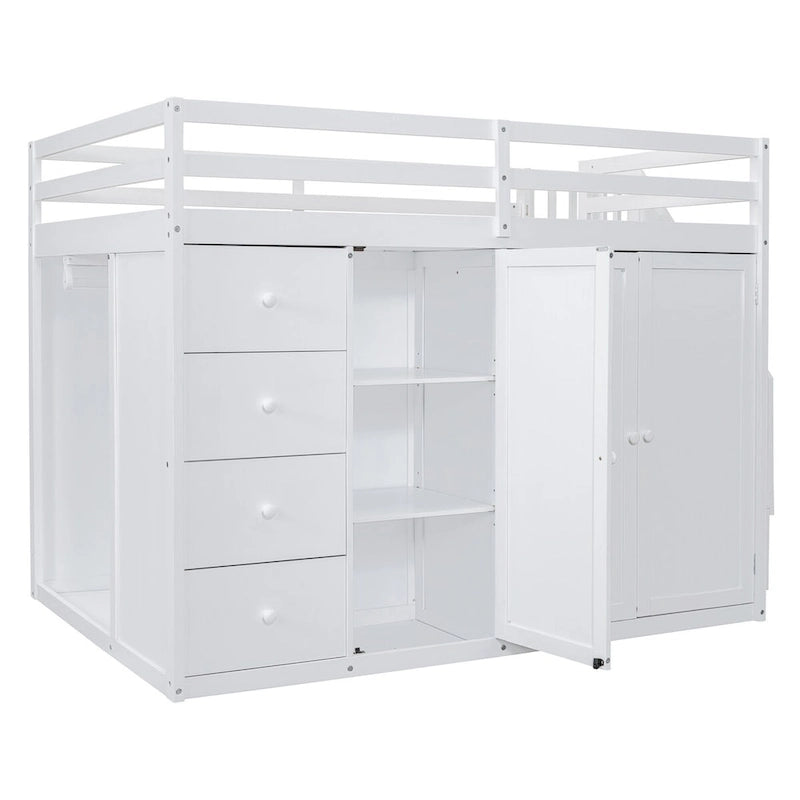 Lit mezzanine double en pin blanc/gris et MDF avec escalier, armoire, 4 tiroirs et rangement à 3 niveaux, pour 1 personne
