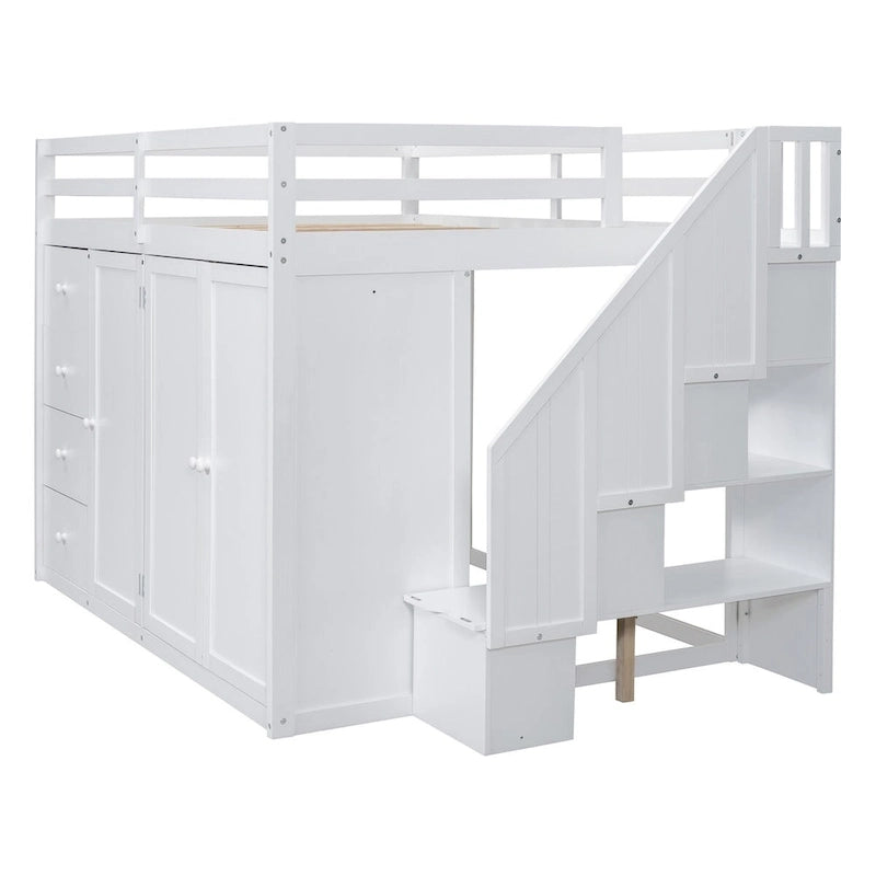 Lit mezzanine double en pin blanc/gris et MDF avec escalier, armoire, 4 tiroirs et rangement à 3 niveaux, pour 1 personne