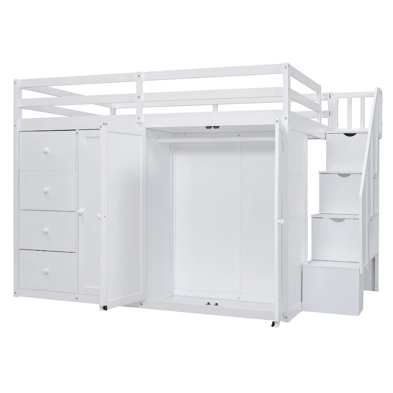Lit mezzanine double en pin blanc/gris et MDF avec escalier, armoire, 4 tiroirs et rangement à 3 niveaux, pour 1 personne