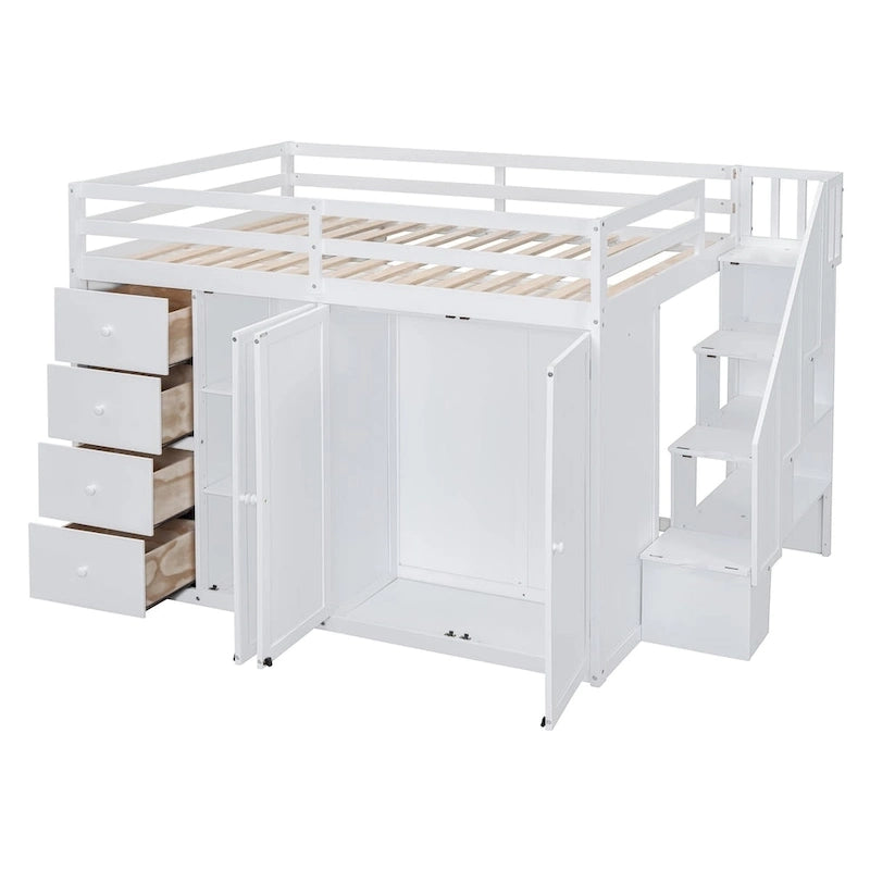 Lit mezzanine double en pin blanc/gris et MDF avec escalier, armoire, 4 tiroirs et rangement à 3 niveaux, pour 1 personne
