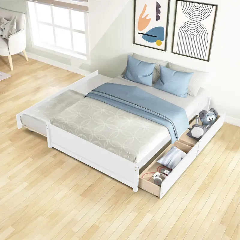 Lit double en bois de pin et contreplaqué gris/blanc/espresso avec 2 tiroirs et lit gigogne, pour 2 personnes