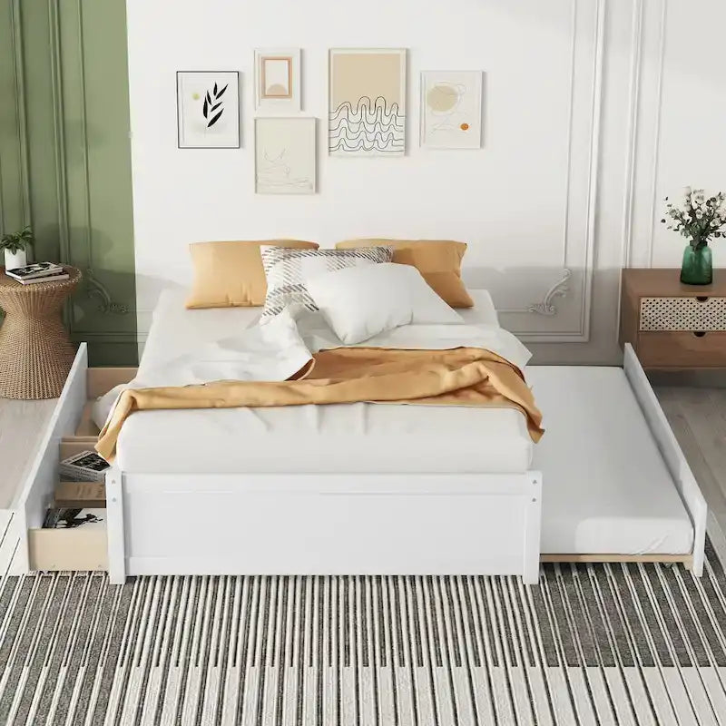 Lit double en bois de pin et contreplaqué gris/blanc/espresso avec 2 tiroirs et lit gigogne, pour 2 personnes