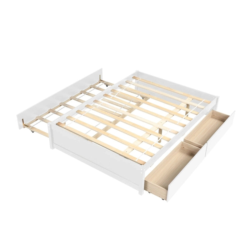 Lit double en bois de pin et contreplaqué gris/blanc/espresso avec 2 tiroirs et lit gigogne, pour 2 personnes