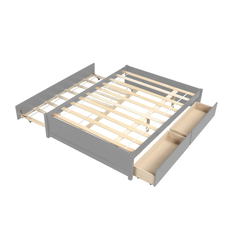 Lit double en bois de pin et contreplaqué gris/blanc/espresso avec 2 tiroirs et lit gigogne, pour 2 personnes